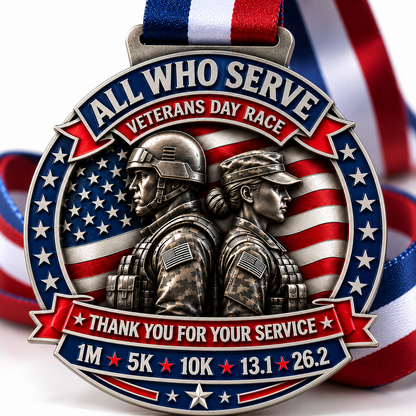 Veterans Day Virtual Race 2026 medal by virtualrunevent, featuring patriotic design for 1M, 5K, 10K, Half Marathon, and Marathon.