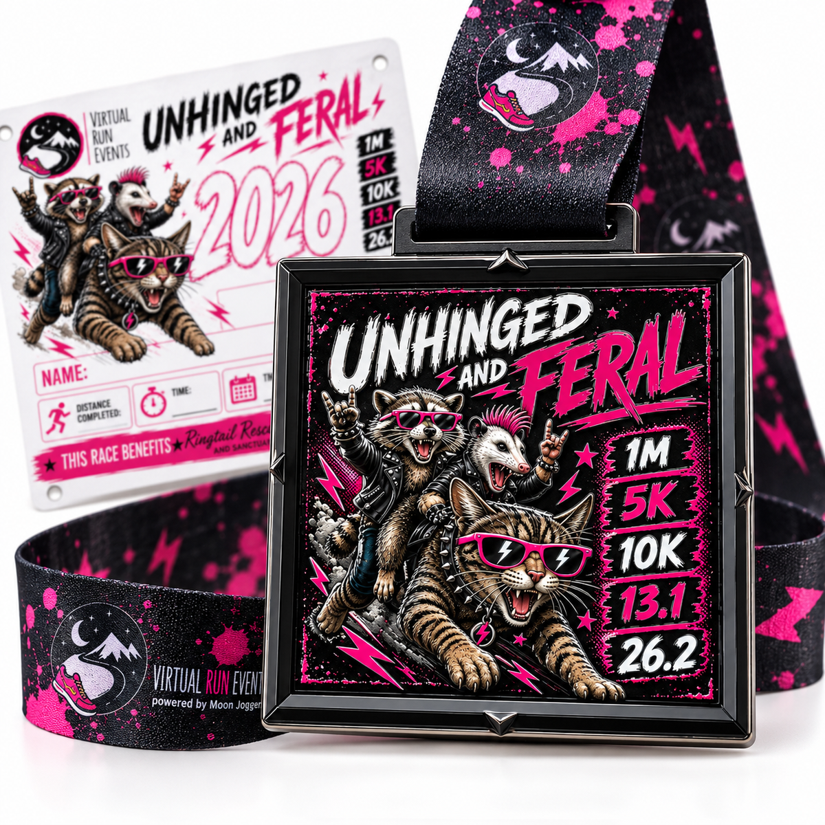 Unhinged and Feral Virtual Race medal featuring a raccoon design for 1M, 5K, 10K, half marathon, and marathon distances.