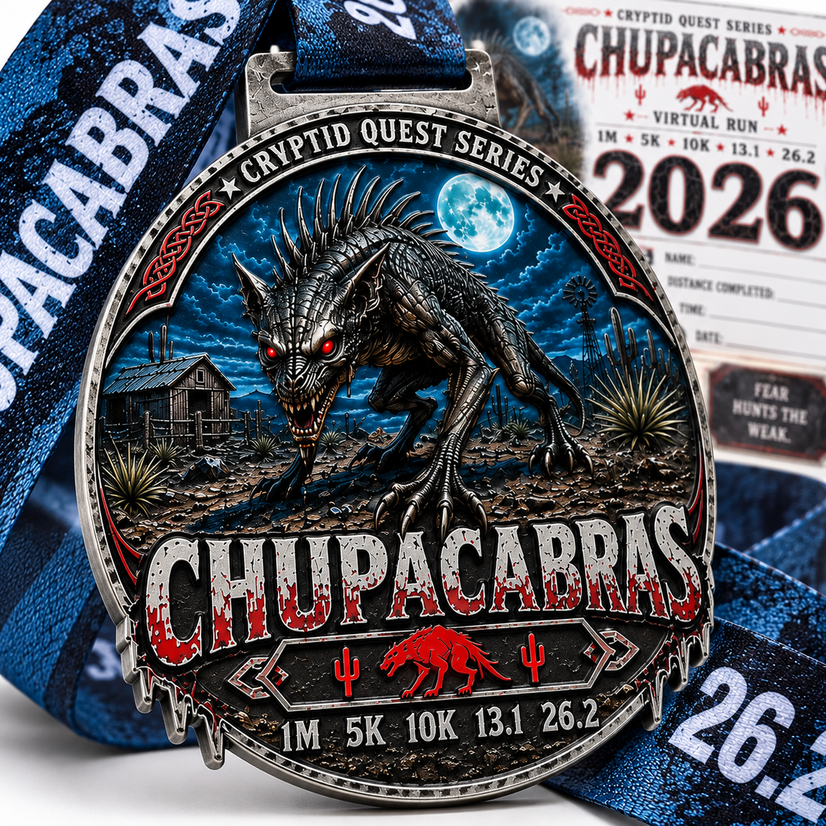 Chupacabras Virtual Race 2026 medal from Virtual Run Event, featuring cryptid design for 1M, 5K, 10K, 13.1, and 26.2 races.