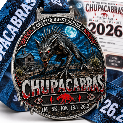 Chupacabras Virtual Race 2026 medal from Virtual Run Event, featuring cryptid design for 1M, 5K, 10K, 13.1, and 26.2 races.