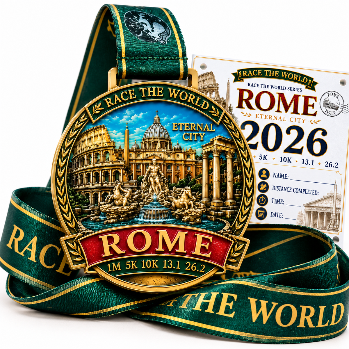 Medal from Virtualrunevent's Rome Virtual Race 5K, 10K, Half Marathon, and Marathon Travel Challenge featuring Rome landmarks.