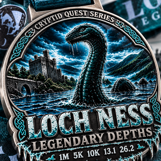 Loch Ness Legendary Depths Virtual Race 2026 medal from VirtualRunEvent, featuring a detailed design with cryptid and lake imagery.