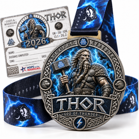 Norse mythology Thor virtual race medal featuring Thor's hammer, designed for 5K, 10K, half marathon, and marathon virtual races.