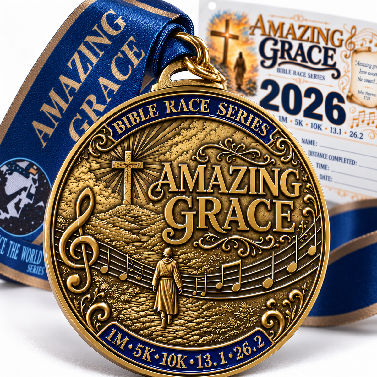 Christian medal from Amazing Grace Virtual Race 5K, Walk, Half Marathon, and Marathon by virtualrunevent, featuring religious-themed design.
