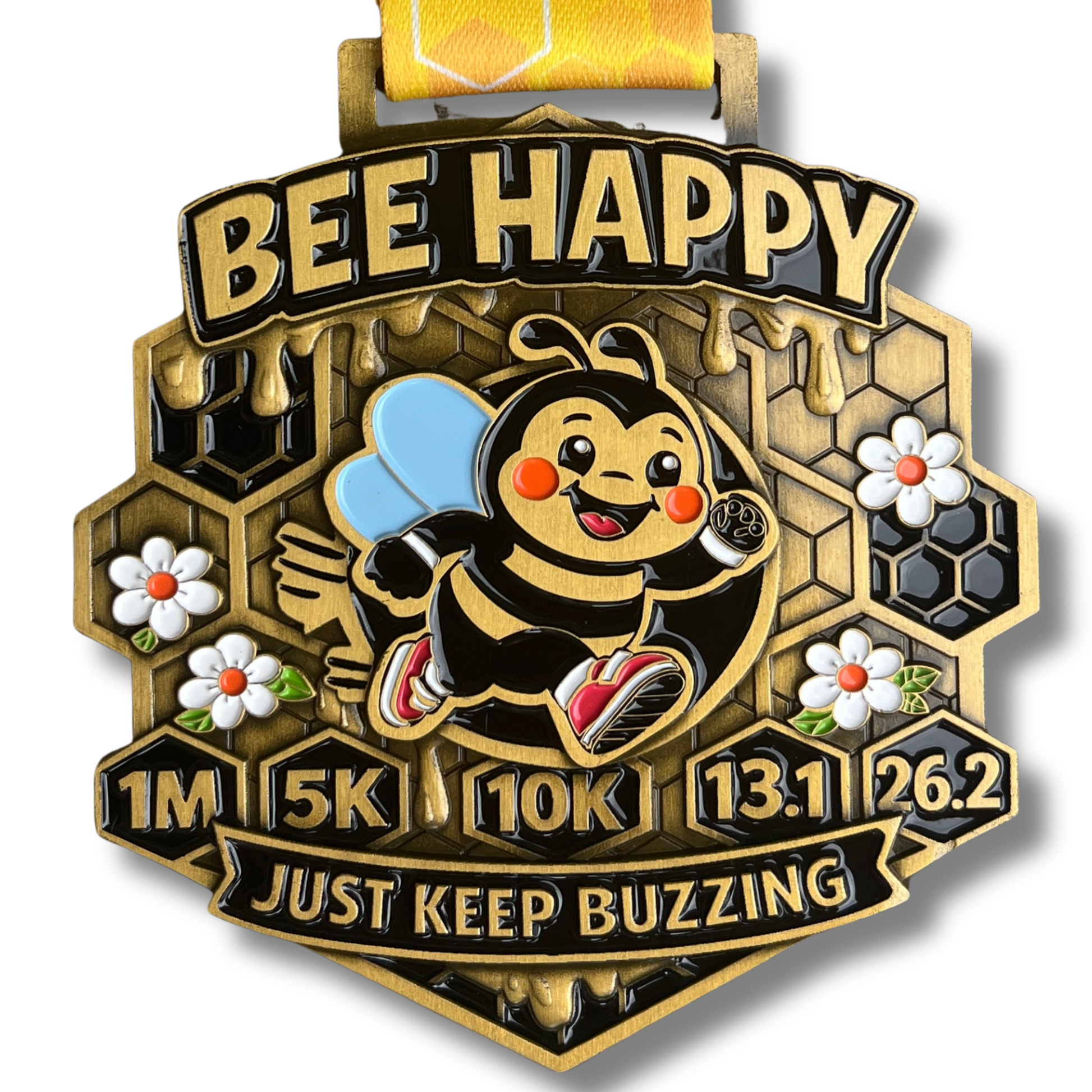 Bee Happy Race 2026 virtual run medal from virtualrunevent featuring a colorful bee design for 5K, 10K, and half marathon finisher reward