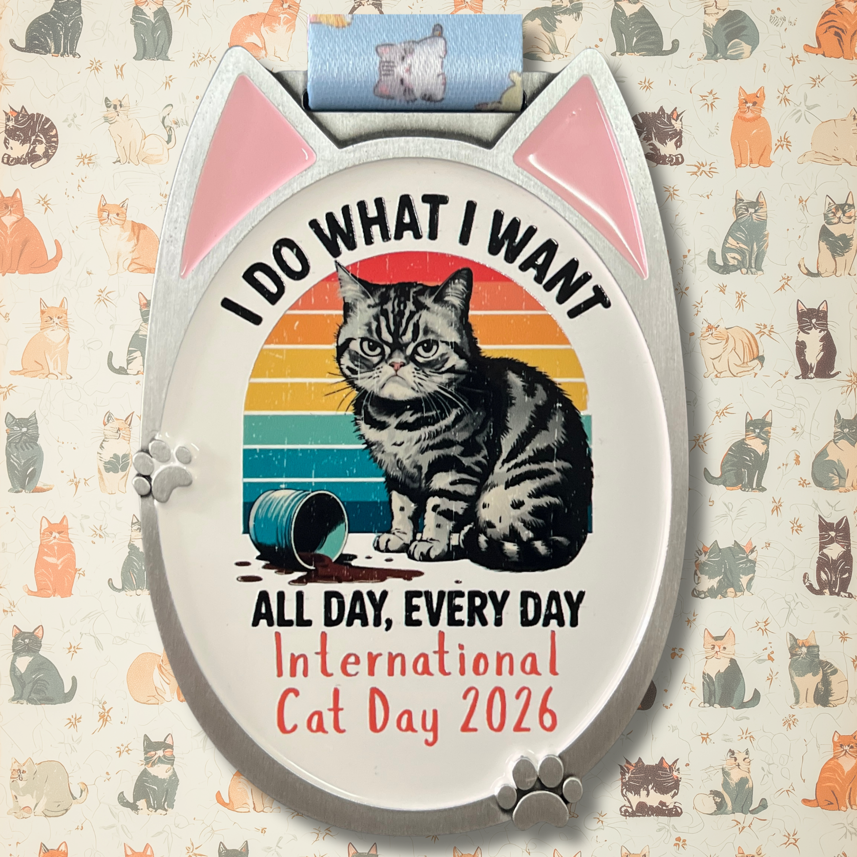 Virtualrunevent 2026 Cat Day medals for 1M, 5K, 10K, 13.1, and 26.2 virtual race, featuring detailed cat-themed designs.