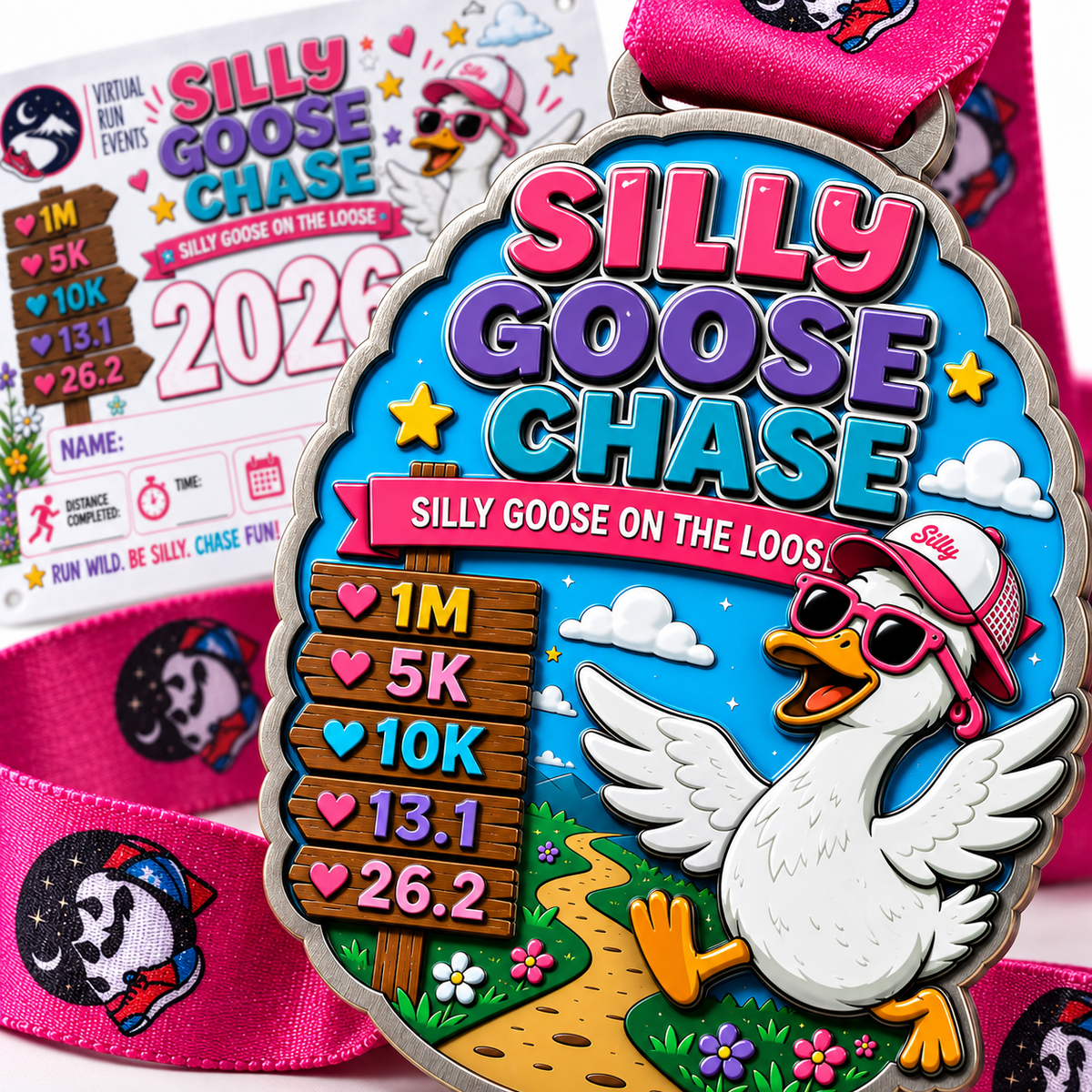 Silly Goose Chase virtual race medal from virtualrunevent, featuring a colorful goose design for 1M, 5K, 10K, half, and full marathon distances.