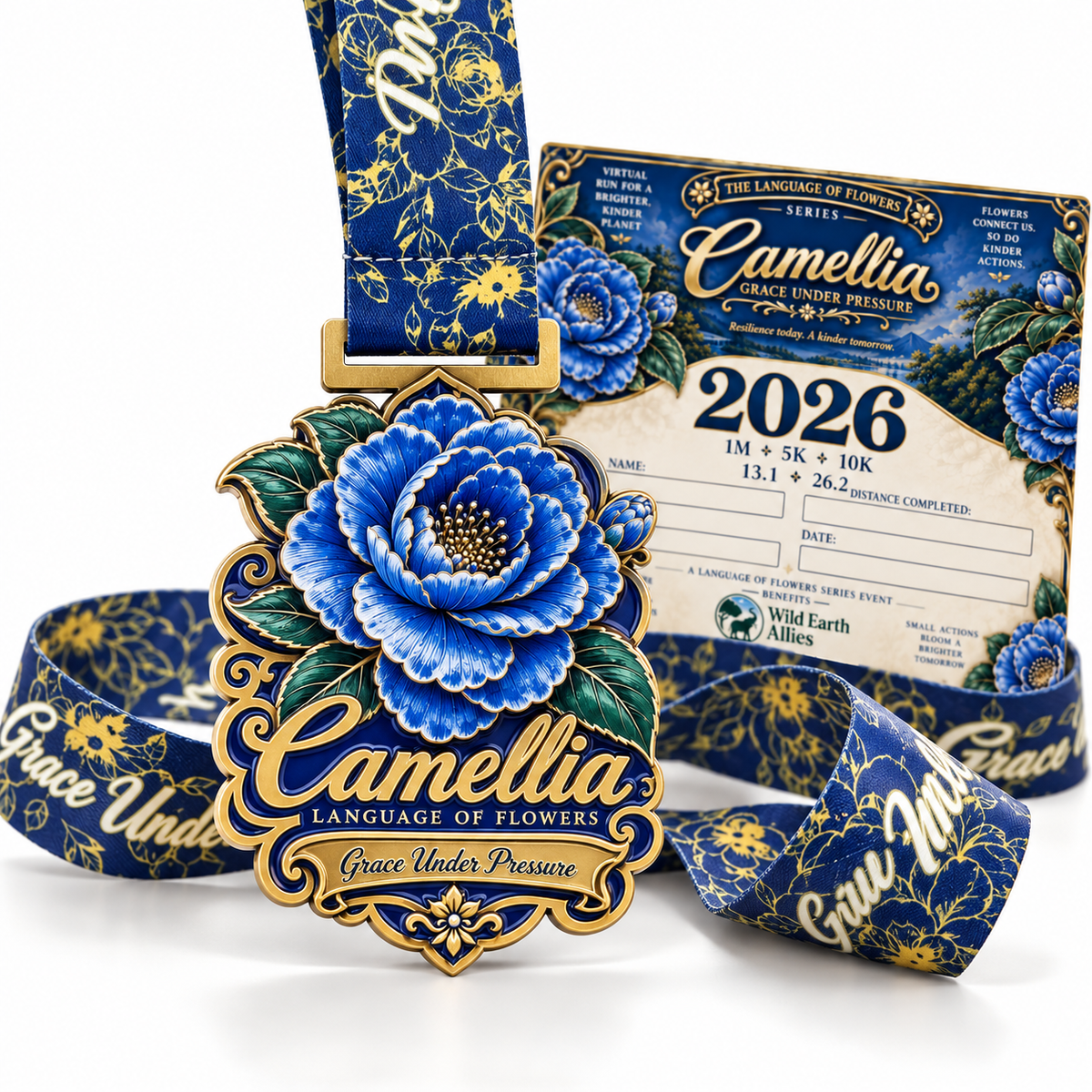 Camellia Virtual Race 2026 virtual run medal featuring colorful design, race details, and brand logo for 1M, 5K, and 10K distances.
