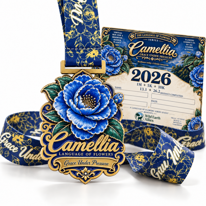 Camellia Virtual Race 2026 virtual run medal featuring colorful design, race details, and brand logo for 1M, 5K, and 10K distances.