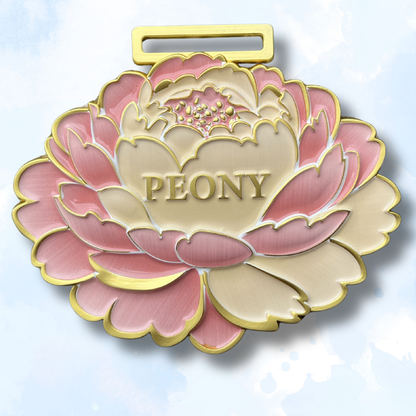 Peony Virtual Race medal featuring a floral design for 1M, 5K, 10K, Half Marathon, and Marathon from virtualrunevent.