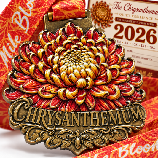 Chrysanthemum Virtual Race 2026 medal featuring floral design, 1M, 5K, 10K, half and full marathons, from the Language of Flowers Series.