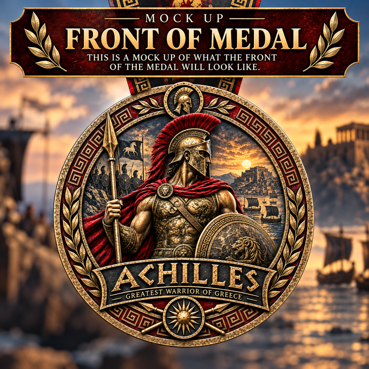 Achilles Virtual Race medal from Gods & Warriors Series featuring a detailed design with race distance engraving.