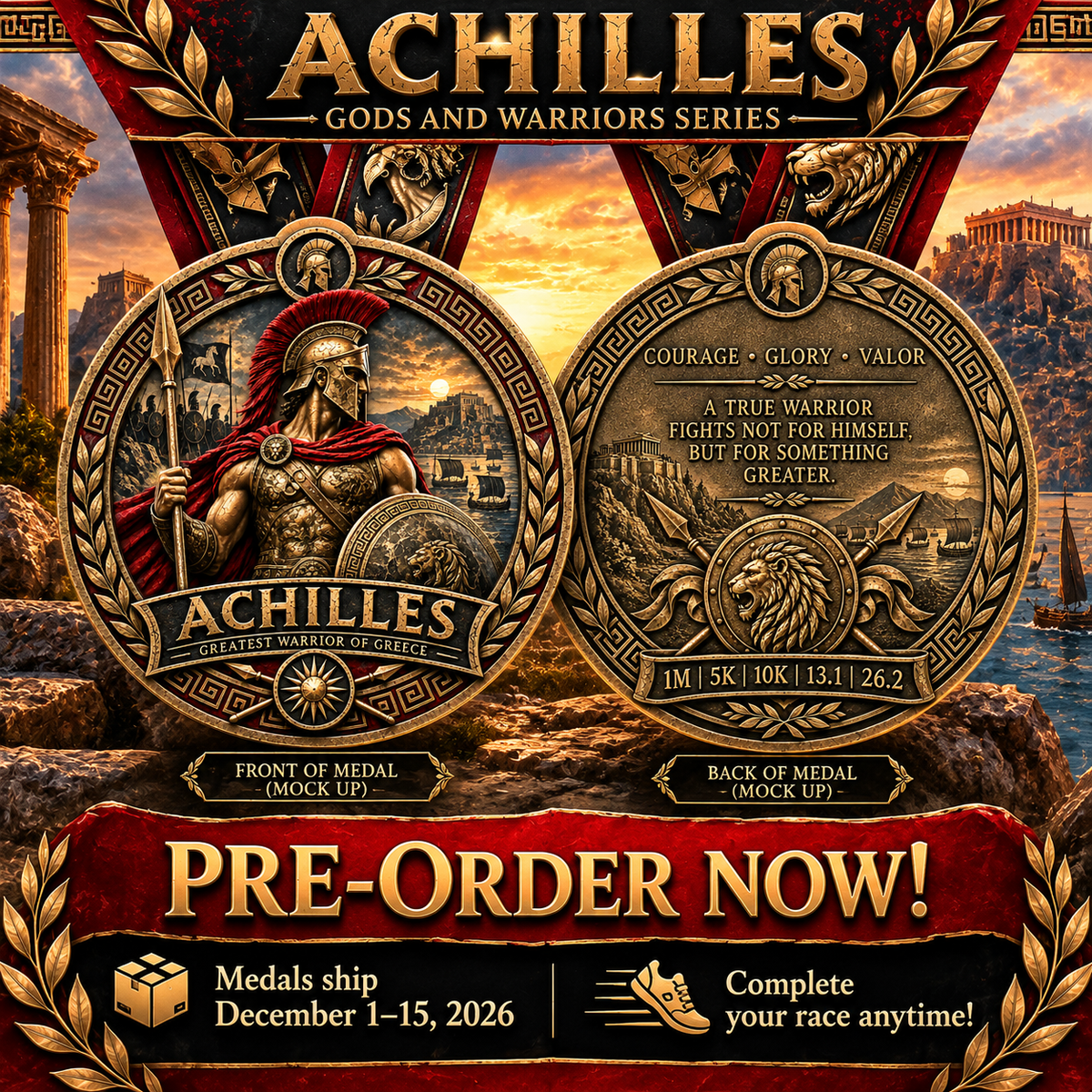 Achilles Virtual Race medal from Gods & Warriors Series, featuring a detailed design for 1M, 5K, 10K, 13.1, and 26.2 races.