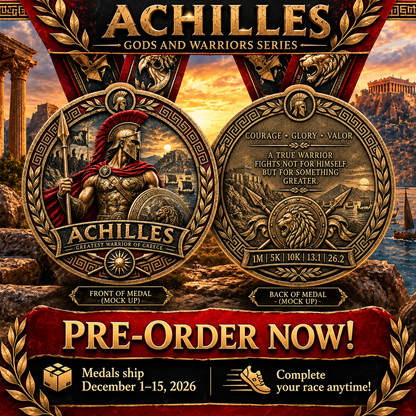 Achilles Virtual Race medal from Gods & Warriors Series, featuring a detailed design for 1M, 5K, 10K, 13.1, and 26.2 races.