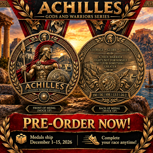 Achilles Virtual Race medal from Gods & Warriors Series, featuring a detailed design for 1M, 5K, 10K, 13.1, and 26.2 races.