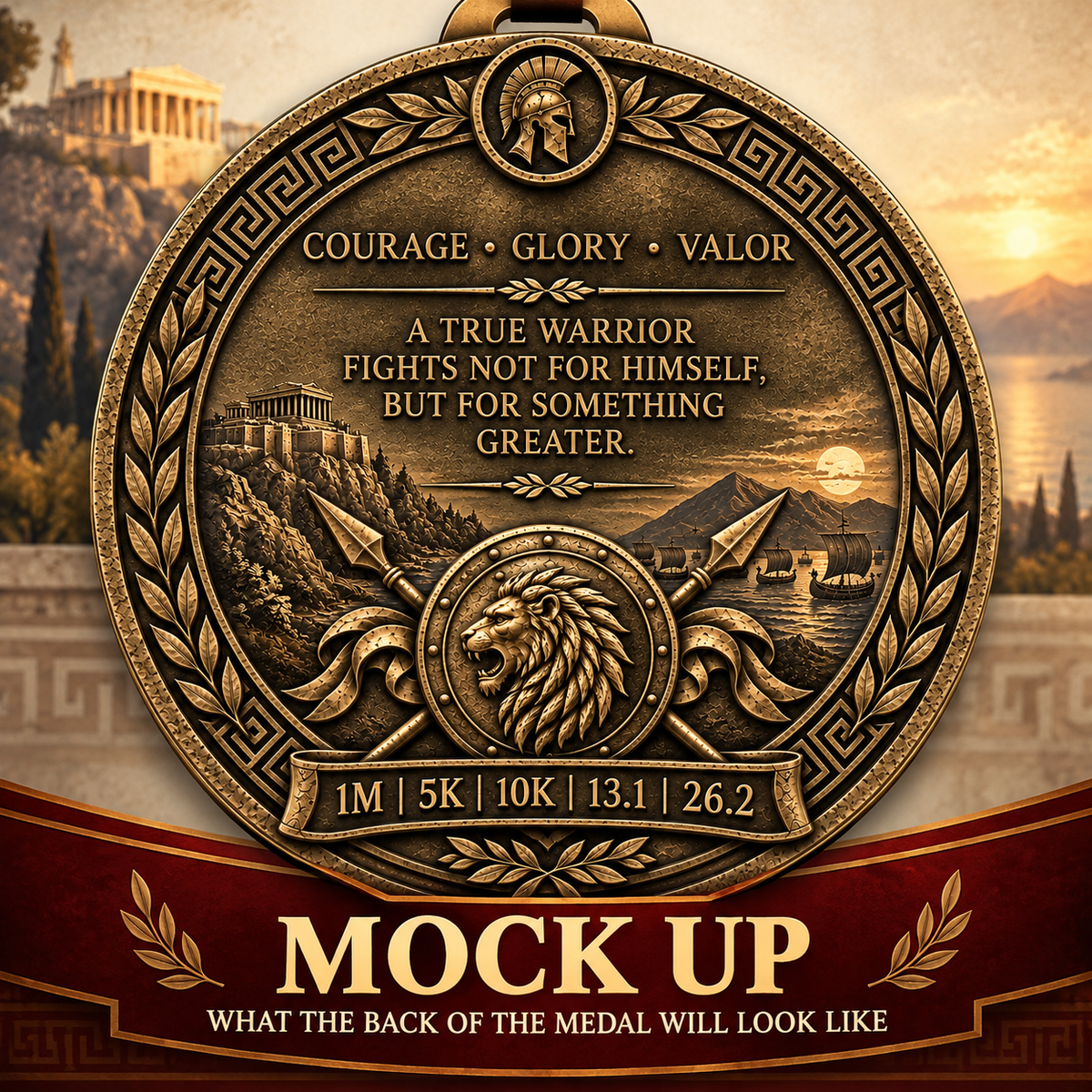 Achilles Virtual Race medal from Gods & Warriors series, featuring detailed design for 1M, 5K, 10K, half, and full marathon distances.