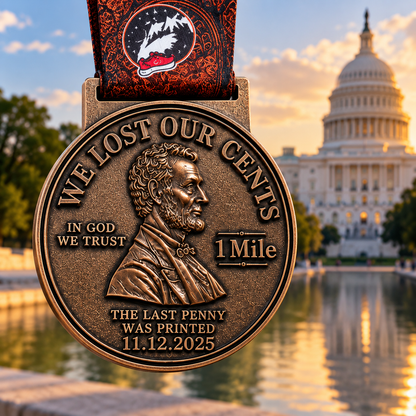 Bronze Lincoln medal from the 2026 Penny Run virtual race, featuring Capitol building design, awarded by virtualrunevent.