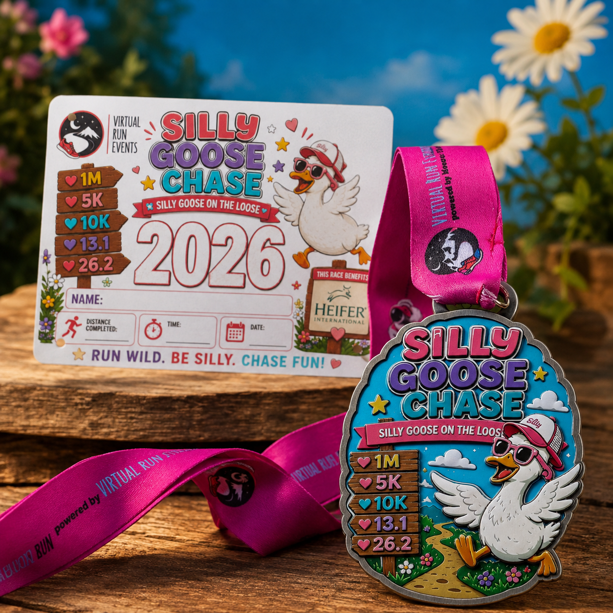 Silly Goose Chase virtual race medal featuring a playful goose design for 1M, 5K, 10K, half marathon, and marathon distances