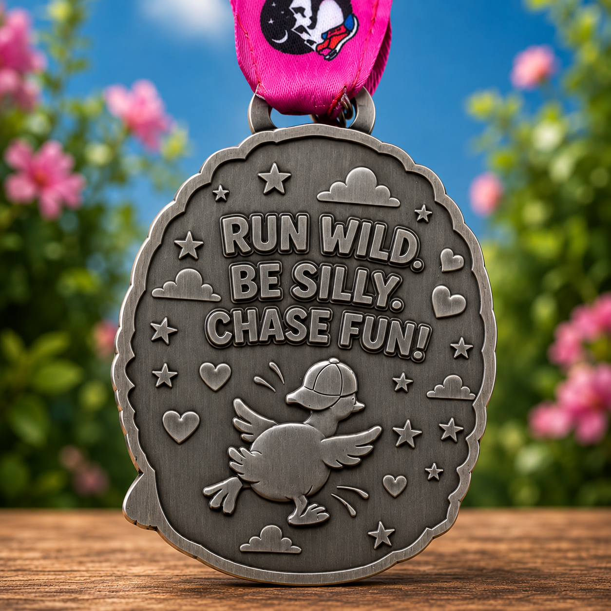 Gold medal for the Silly Goose Chase Virtual Race, featuring colorful design and event branding, awarded for 1M, 5K, 10K, half and full marathons.