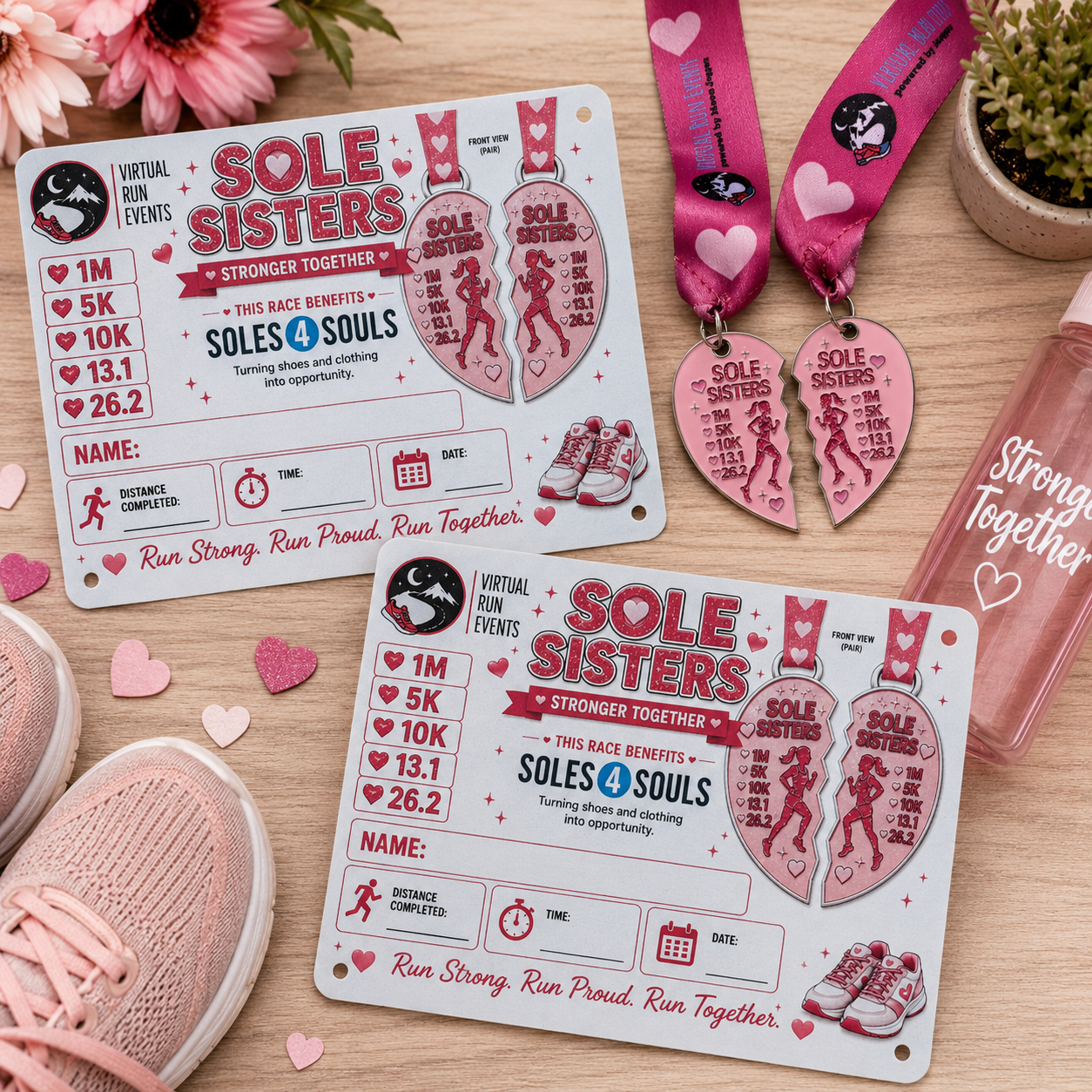 Two matching Sole Sisters Virtual Race 2026 medals with bibs, featuring vibrant designs for the virtual run event.