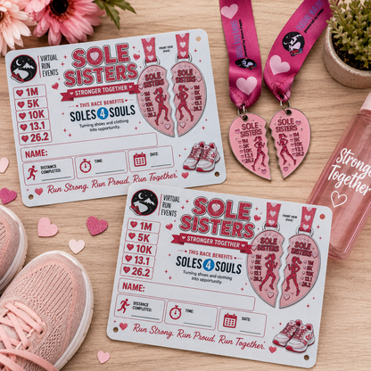 Two matching Sole Sisters Virtual Race 2026 medals with bibs, featuring vibrant designs for the virtual run event.