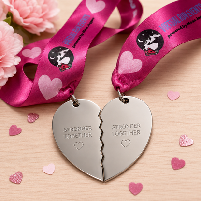 Two matching medals and race bibs from Sole Sisters Virtual Race 2026 by virtualrunevent, featuring colorful designs and event branding.