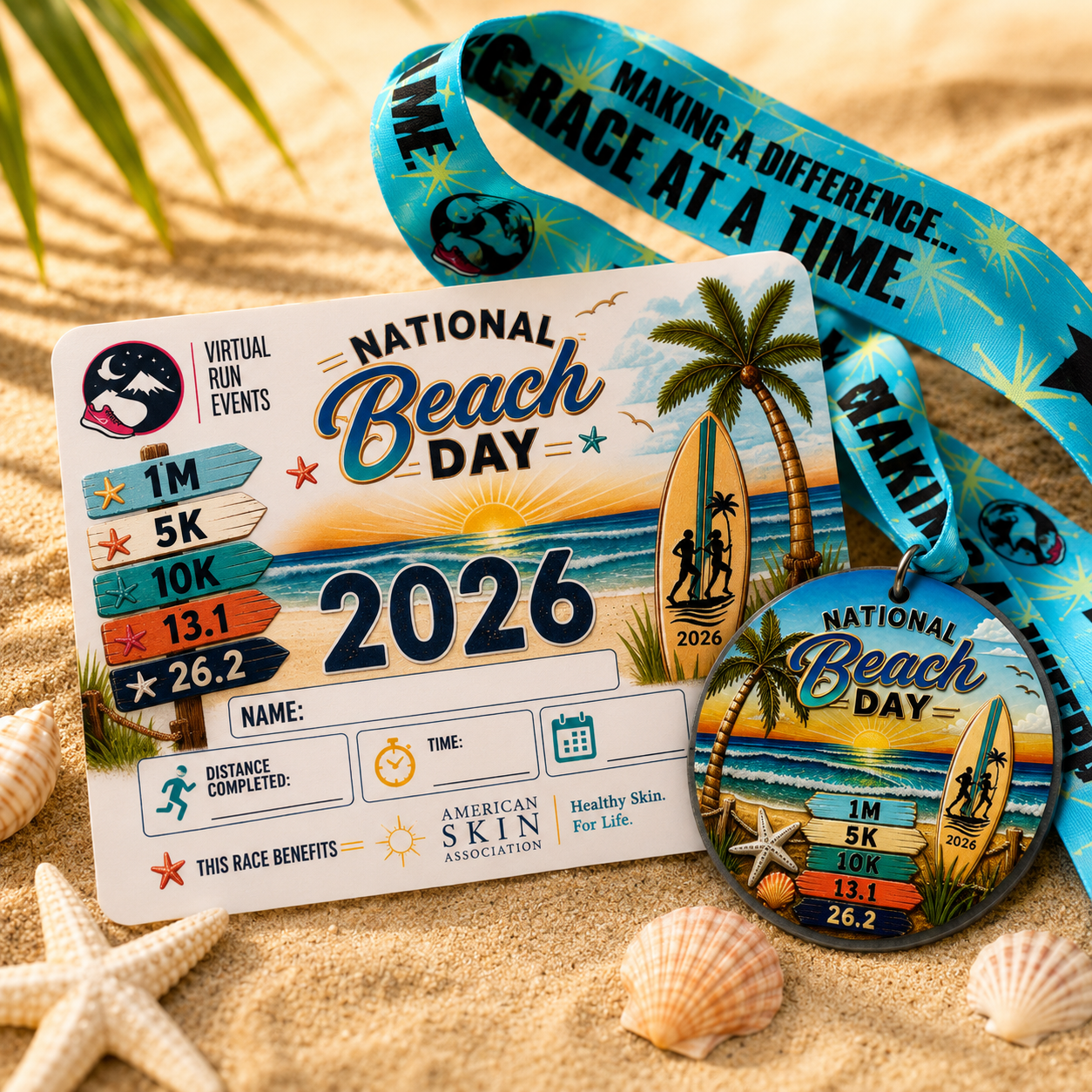 National Beach Day Virtual Race medal for 2026, featuring a beach-themed design for 1 mile, 5K, 10K, half marathon, and marathon.