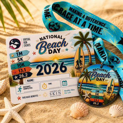 National Beach Day Virtual Race medal for 2026, featuring a beach-themed design for 1 mile, 5K, 10K, half marathon, and marathon.