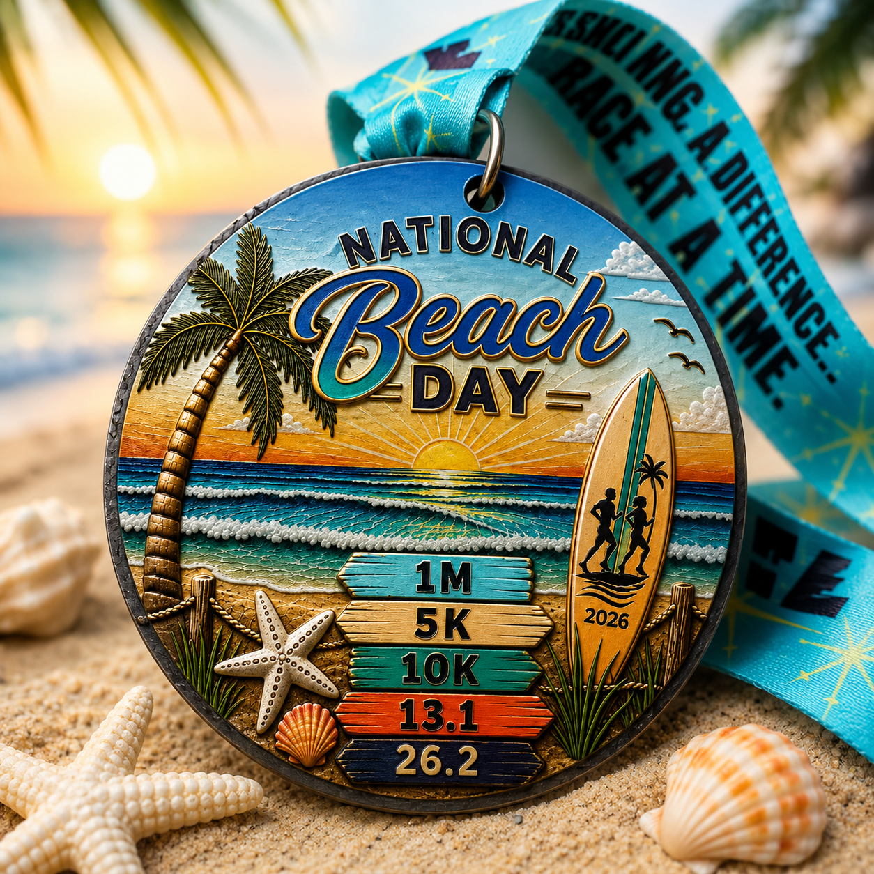 National Beach Day Virtual Race medal for 2026, featuring a tropical beach design for 1 mile, 5K, 10K, half marathon, and marathon distances