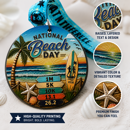 National Beach Day Virtual Race medal for 2026, featuring a colorful design with race details, from virtualrunevent.