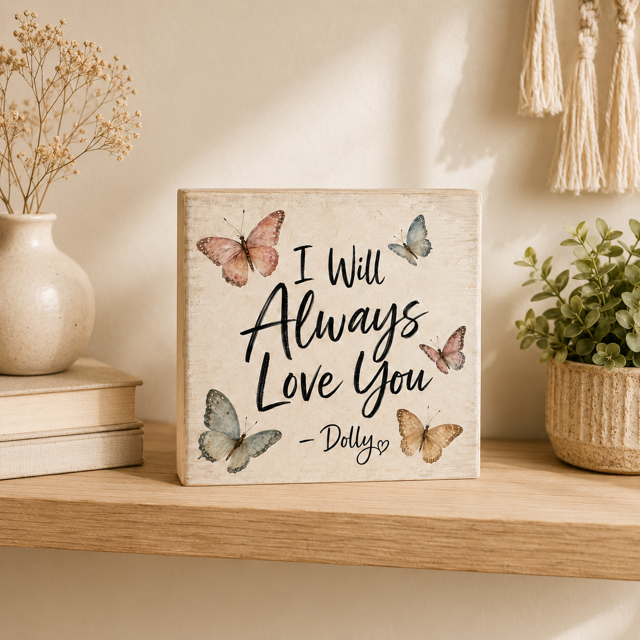 SHELF SITTER - I Will Always Love You Butterfly Wood Block Sign | Handmade by Booter Built | 4 × 4 Inches