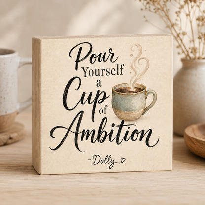 SHELF SITTER -Pour Yourself a Cup of Ambition Wood Block Sign | Handmade by Booter Built | 4 × 4 Inches