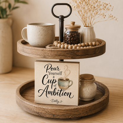 SHELF SITTER -Pour Yourself a Cup of Ambition Wood Block Sign | Handmade by Booter Built | 4 × 4 Inches