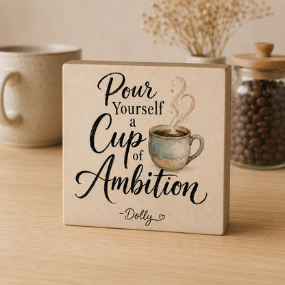 SHELF SITTER -Pour Yourself a Cup of Ambition Wood Block Sign | Handmade by Booter Built | 4 × 4 Inches