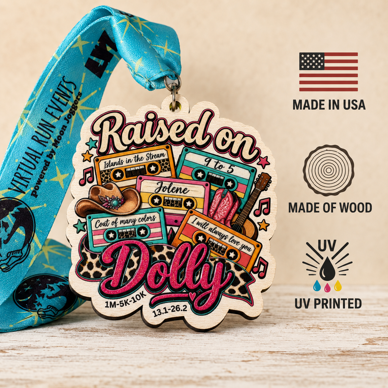 Raised on Dolly Virtual Race 2026 limited-edition wood medal from virtualrunevent, showcasing a detailed race-themed medal design.