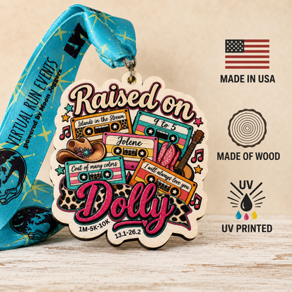 Raised on Dolly Virtual Race 2026 limited-edition wood medal from virtualrunevent, showcasing a detailed race-themed medal design.