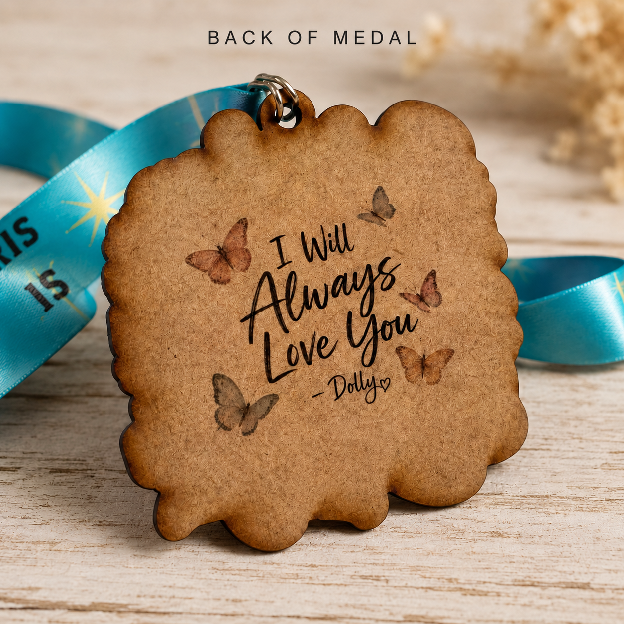 Limited-edition wooden medal for the Raised on Dolly Virtual Race 2026 by virtualrunevent, featuring detailed race design.