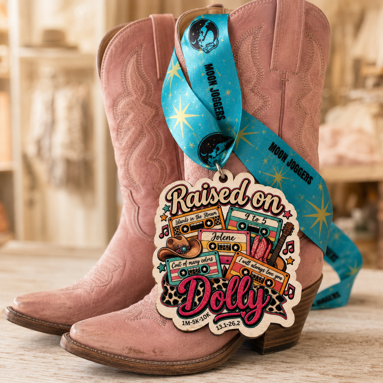 Limited-edition Raised on Dolly Virtual Race 2026 wooden medal by virtualrunevent, featuring intricate engraved design.