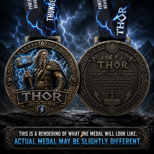 Thor Virtual Race 2026 medal featuring Norse gods and warriors, commemorating 1M, 5K, 10K, 13.1, and 26.2 mile races.