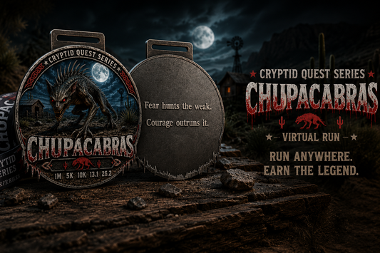 Chupacabras Virtual Race 2026 medal featuring cryptid design for 1M, 5K, 10K, half marathon, and marathon distances.