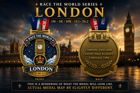 London Virtual Race 2026 medal from VirtualRunEvent, featuring a detailed design celebrating the race series and global running events.