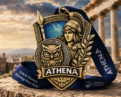 Athena Virtual Race 2026 medal from Gods & Warriors Mythology Race Series by virtualrunevent, featuring intricate goddess design.