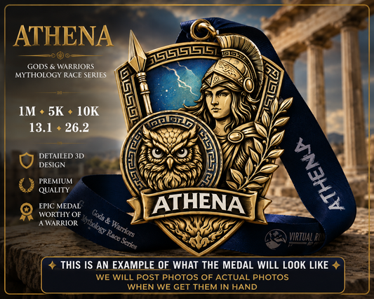 Athena Virtual Race 2026 medal from Gods & Warriors Mythology Race Series, featuring a detailed design of Athena, goddess of wisdom.