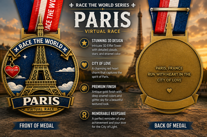 Paris Virtual Race 2026 medal from Virtual Run Event, featuring a detailed design representing the race and city landmarks.