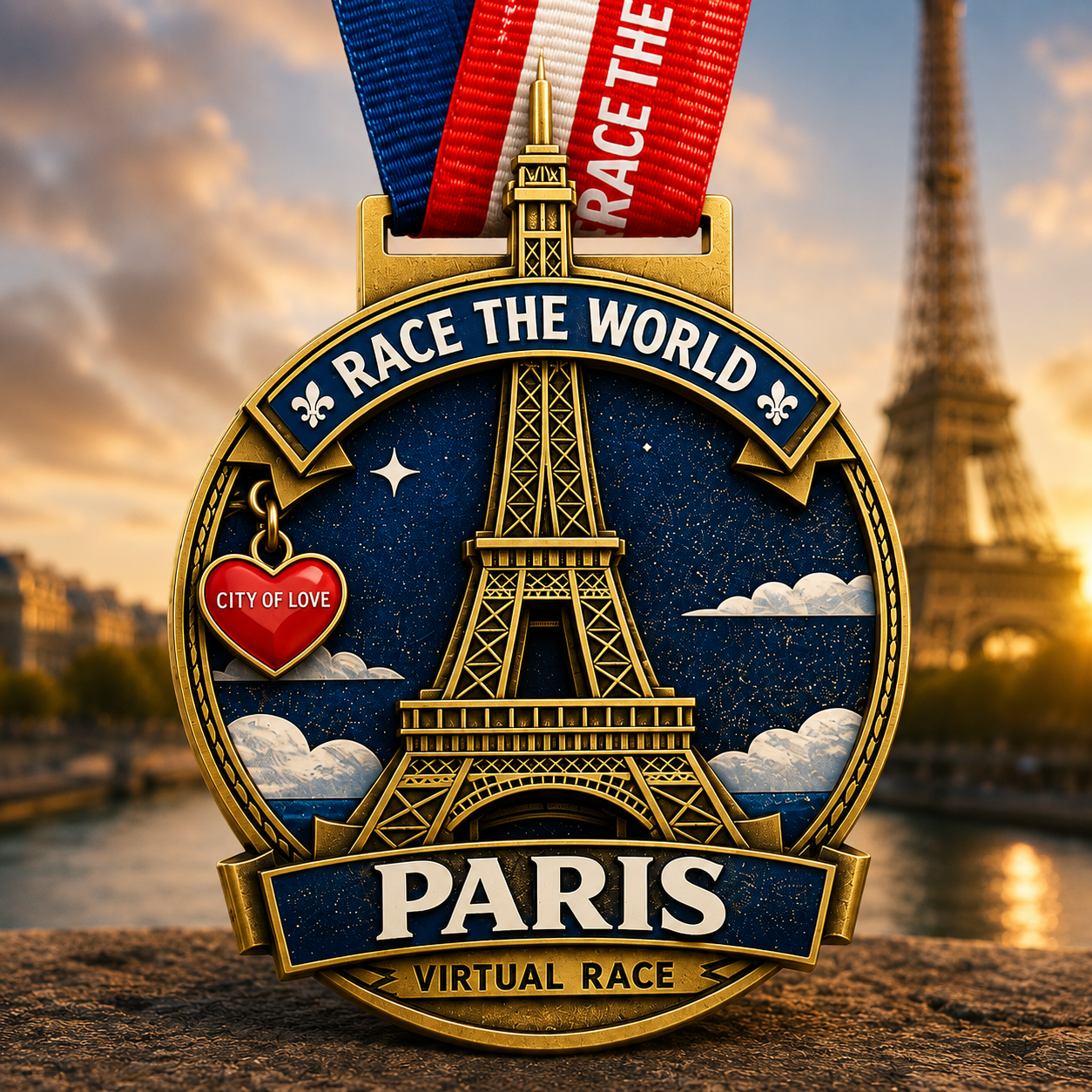 Virtualrunevent Paris Virtual Race 2026 medal for race series, featuring a detailed design representing the Paris marathon finish line.