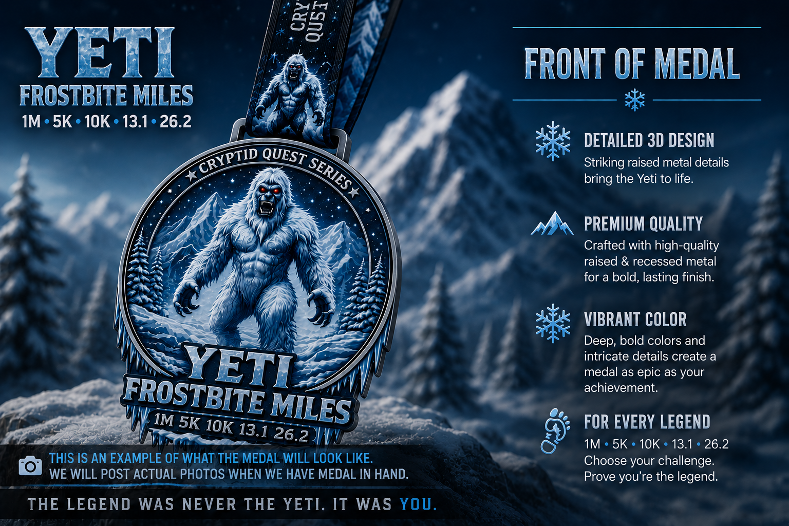 Yeti Frostbite Miles Virtual Race 2026 medal from VirtualRuneEvent, featuring a detailed Yeti design and icy blue accents.