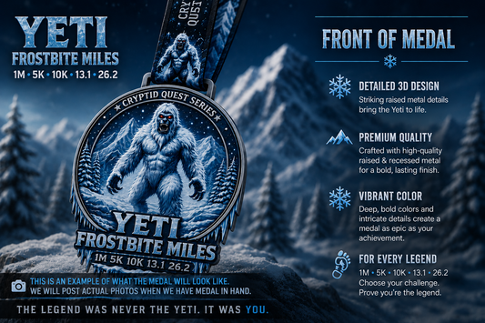 Yeti Frostbite Miles Virtual Race 2026 medal from VirtualRuneEvent, featuring a detailed Yeti design and icy blue accents.