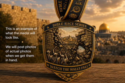 Medal for the Watch the Walls Fall Virtual Race 2026 from VirtualRunEvent, featuring a detailed design with race and Bible themes.