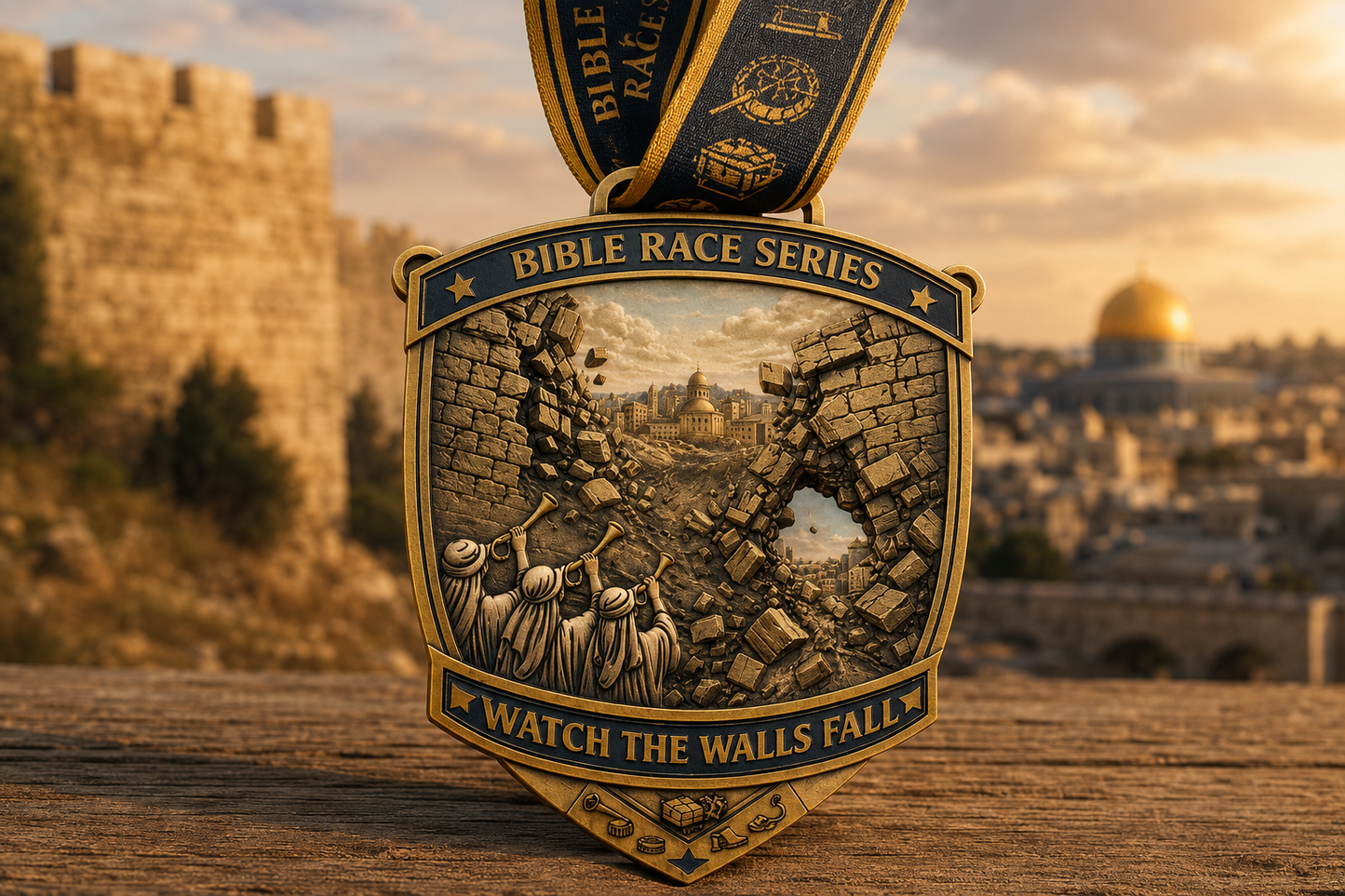 Medal for the Watch the Walls Fall Virtual Race 2026, part of the Bible Race Series, awarded for participation.