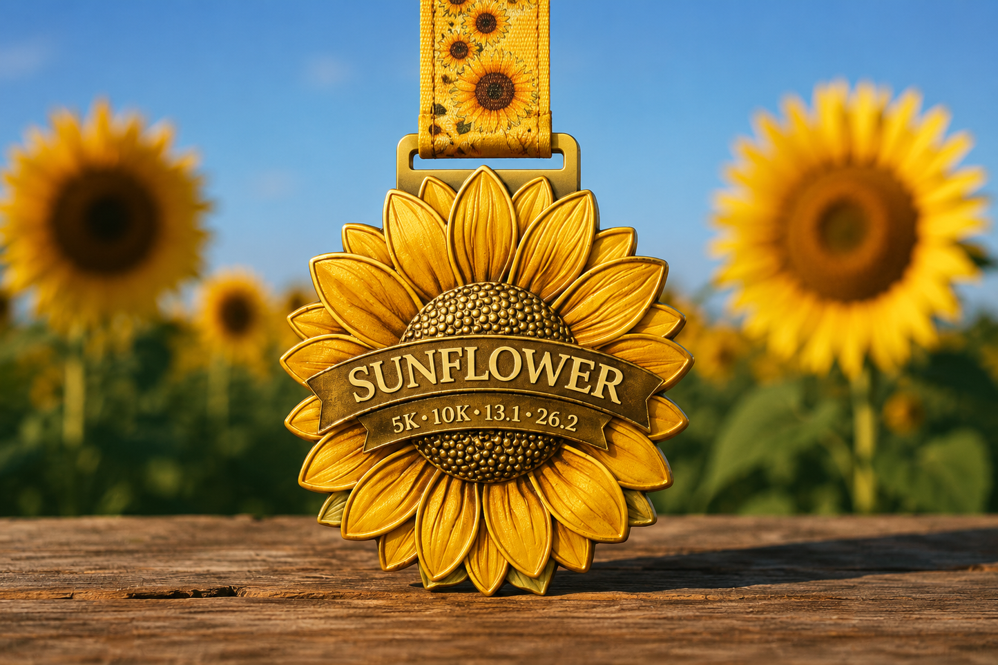 Sunflower Virtual Race 2026 medal from Virtual Rune Event, part of the Language of Flowers Series, featuring a sunflower design.